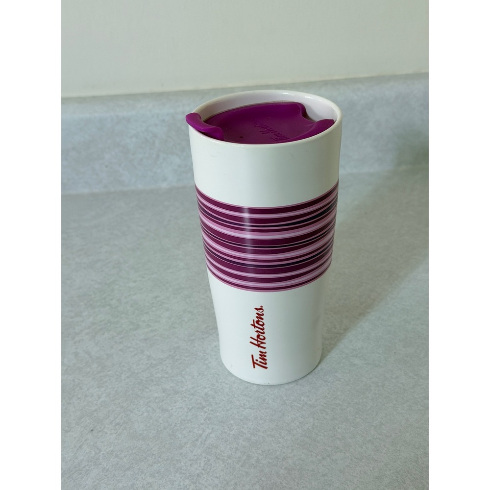 Tim Hortons 2015 Limited Edition Ceramic Travel Mug Tumbler Purple Stripes 12oz‎